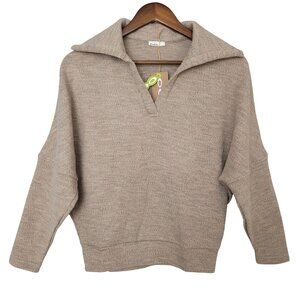 OGL Cozy Collared V-Neck Batwing Sleeve Pullover Womens Size S Heather Taupe NWT